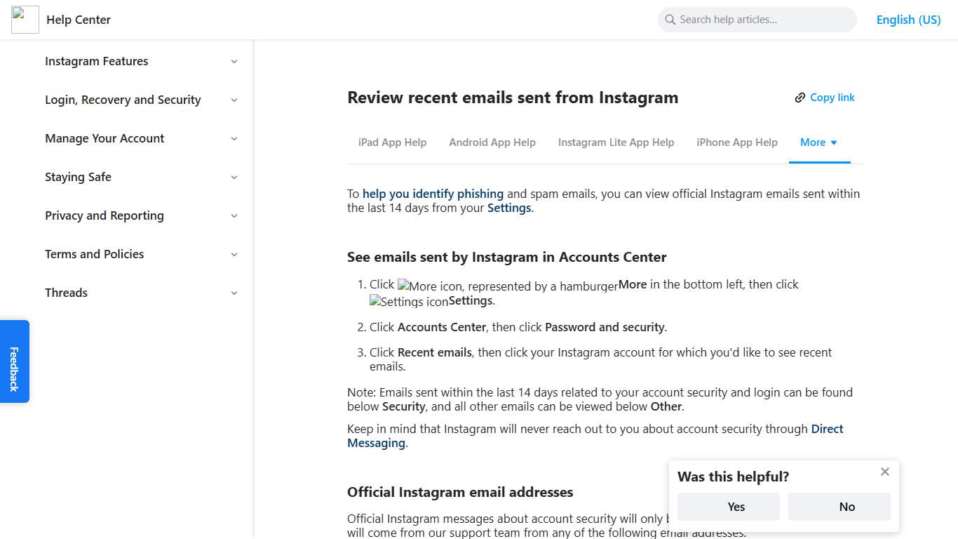 Review recent emails sent from Instagram | Instagram Help Center
